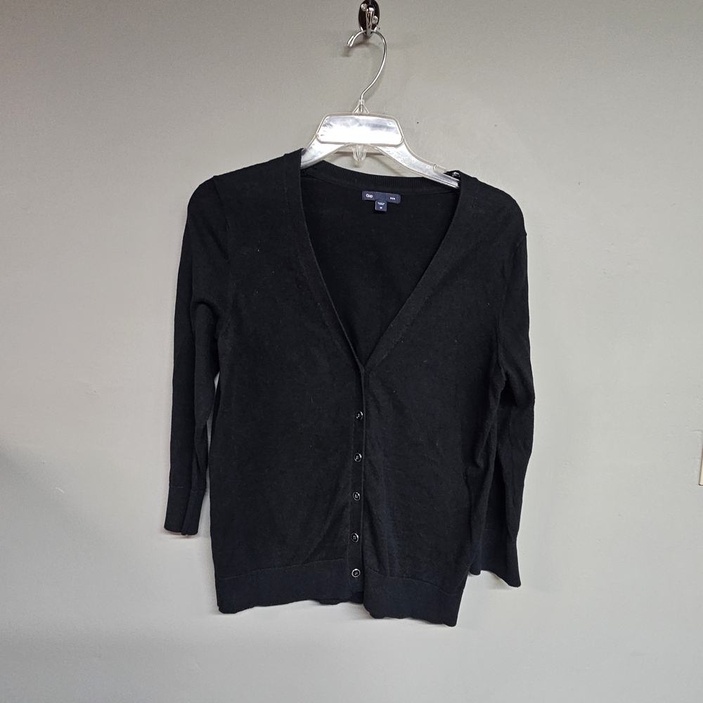 GAP Black V-Neck Cardigan Sweater Women's Medium 3/4 Sleeves Button Closure